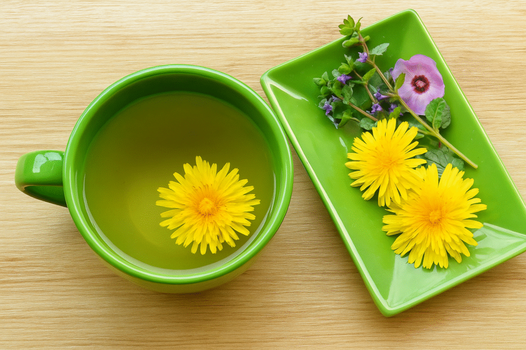 fresh dandelion tea recipe served hot with yellow flowers
