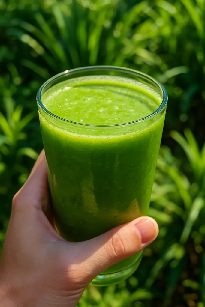 Detox Island Green Smoothie: A Sip of Fresh Starts and Flavor 3 person holding detox island green smoothie outdoors