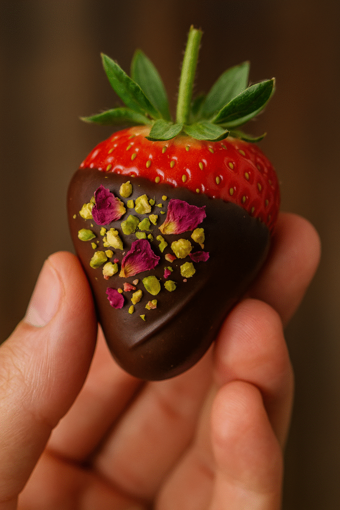 Handheld Dubai chocolate strawberry with rose petals