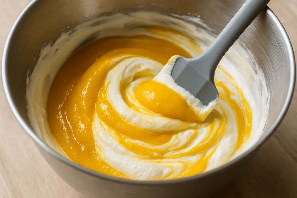 Folding mango into whipped cream for Fumang propitious mango ice cream