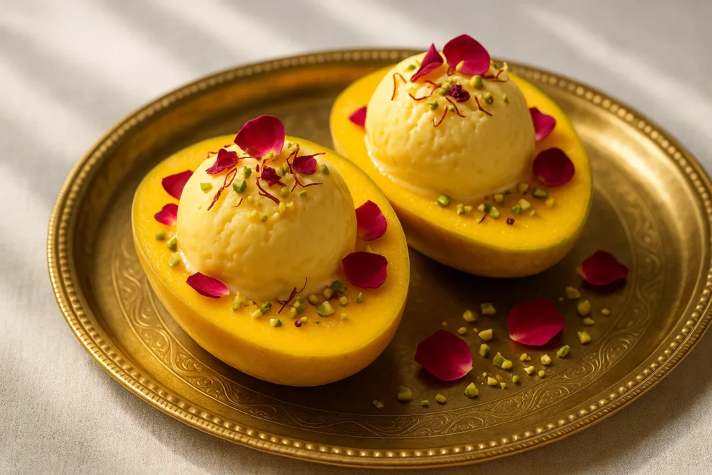 Fumang propitious mango ice cream served in mango halves