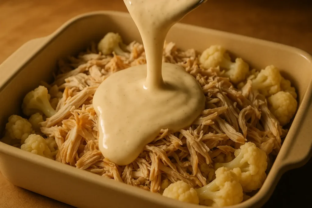 Low Carb Chicken Alfredo Bake: A Delicious Keto-Friendly Comfort Dish 3 Pouring sauce on low carb chicken alfredo bake