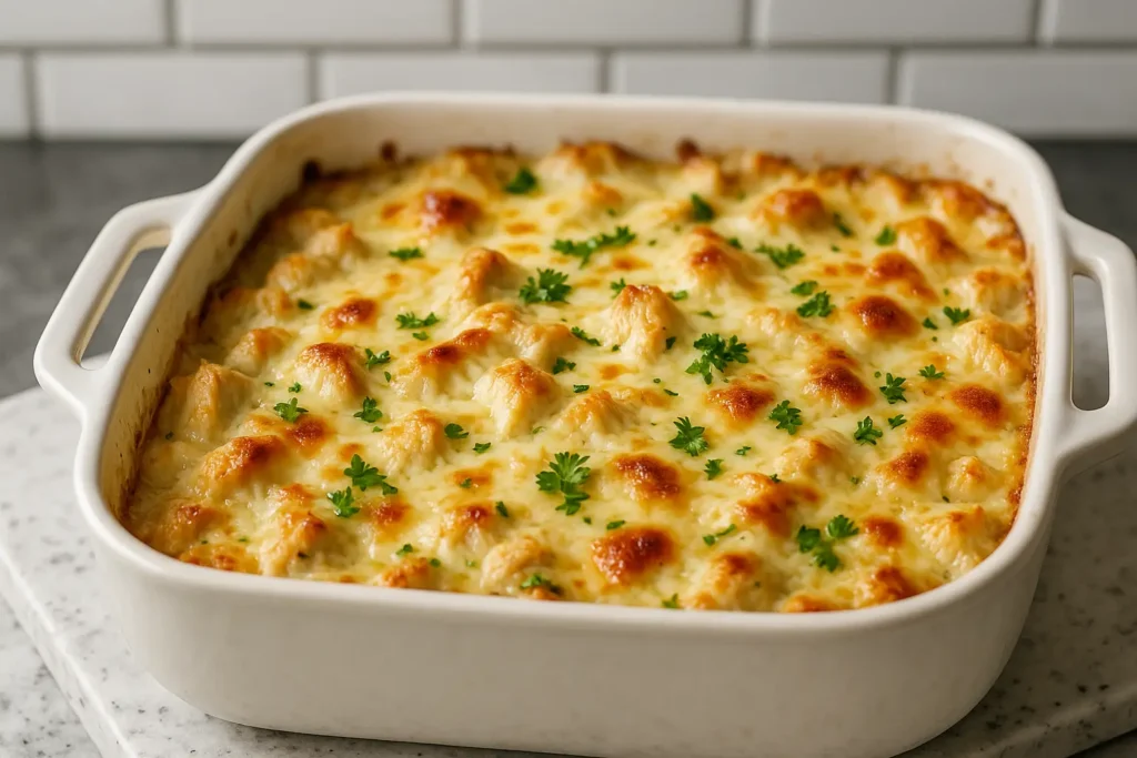 Low Carb Chicken Alfredo Bake: A Delicious Keto-Friendly Comfort Dish 4 Freshly baked low carb chicken alfredo bake in casserole