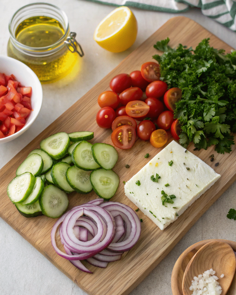 Mediterranean Cucumber Salad: The Ultimate Fresh and Flavorful Recipe Guide 2 Mediterranean cucumber salad ingredients prepared on a wooden board