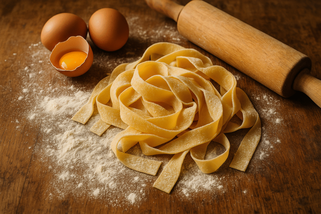 Fresh handmade pappardelle pasta ribbons on rustic kitchen table