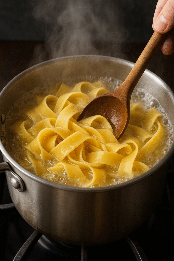 Cooking pappardelle pasta in boiling salted water