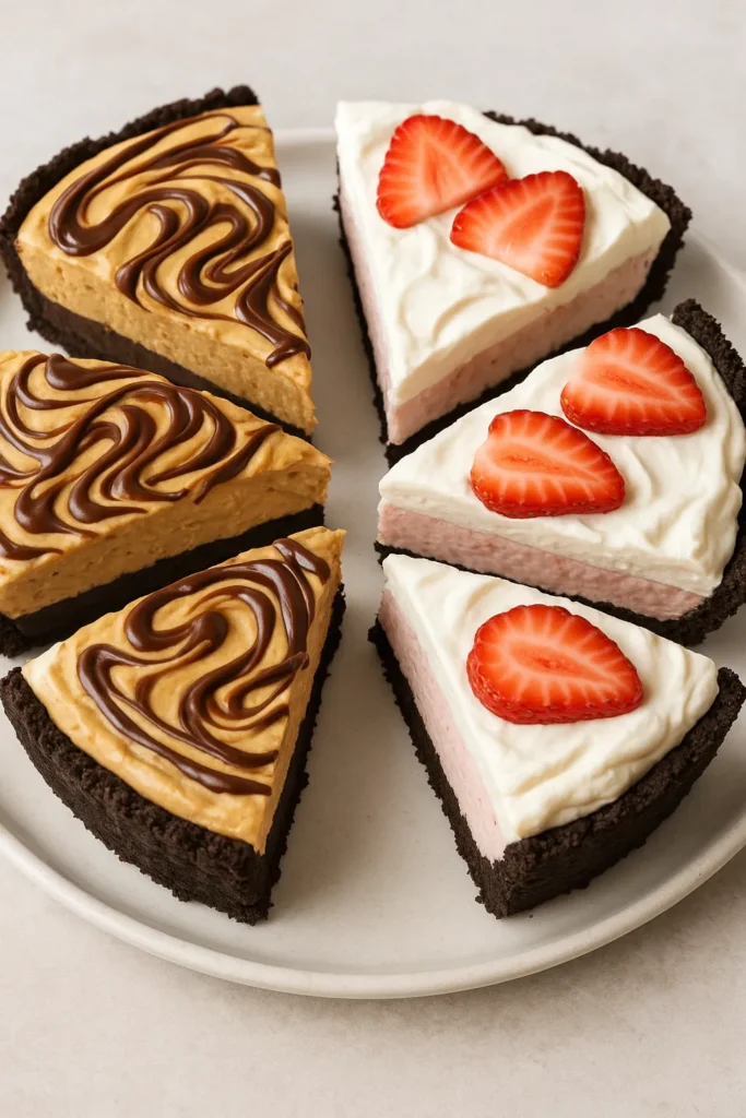Rock Bottom Pie: The Best No-Bake Comfort Dessert Ever 4 Rock Bottom Pie flavor variations on platter