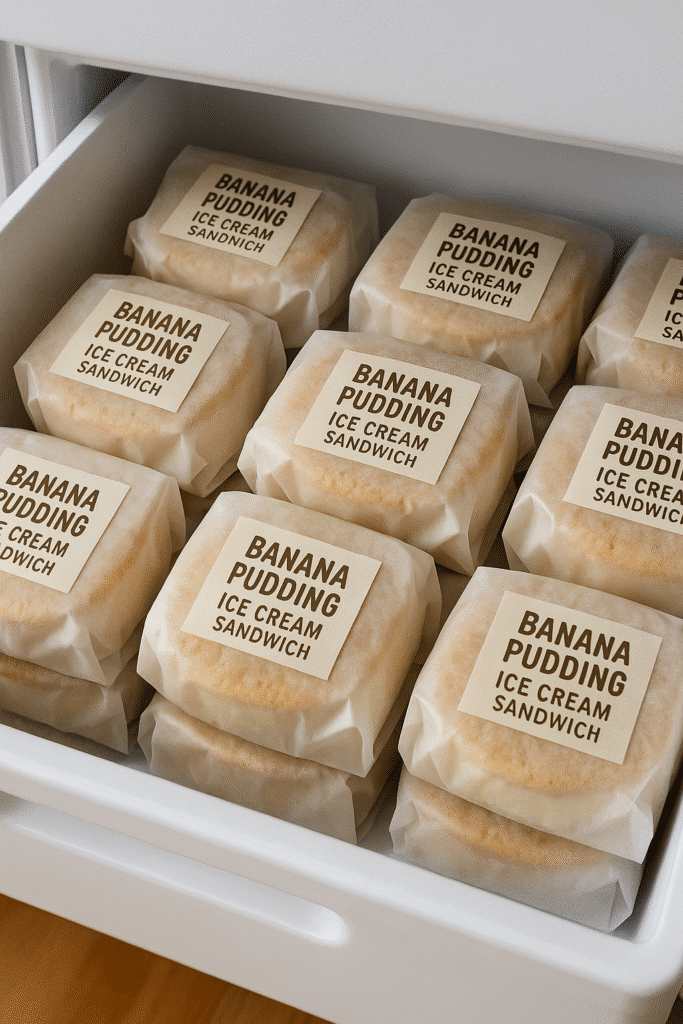 Banana Pudding Ice Cream Sandwich: The Best Frozen Treat You'll Love 6 Banana pudding ice cream sandwiches stored for later