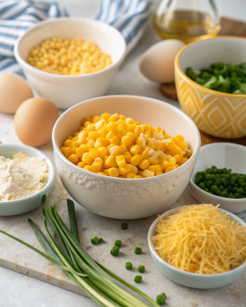 Ingredients for cheddar corn pie including corn, cheddar, and chives