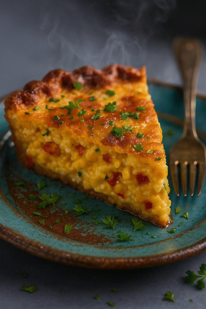 Cheddar corn pie slice with jalapeños and peppers