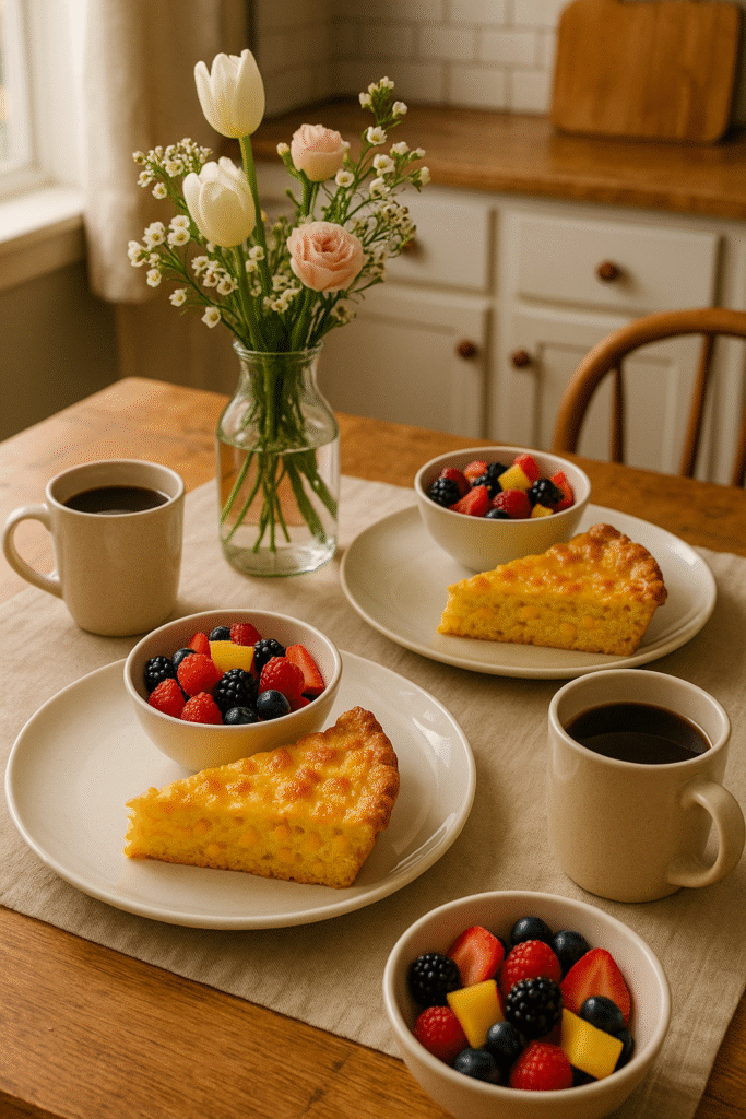 Brunch table with cheddar corn pie slices and fruit