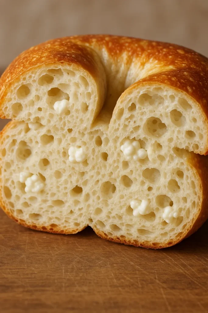 sliced cottage cheese bagel showing interior texture