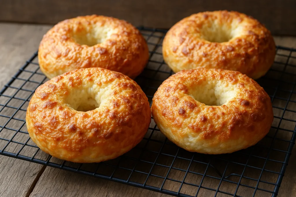 fresh cottage cheese bagels cooling on wire rack
