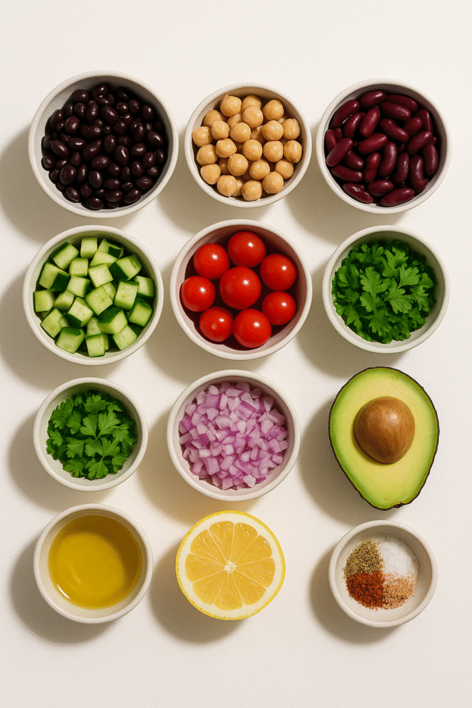 Ingredients for a dense bean salad in individual bowls