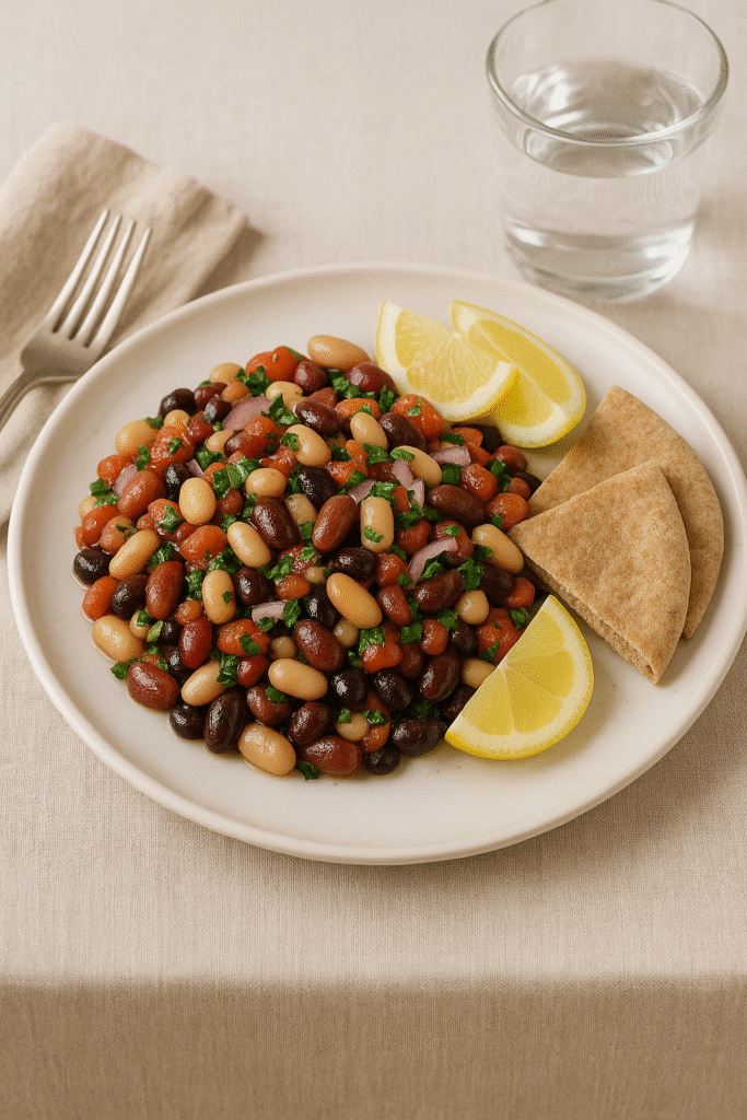 Dense bean salad served with pita and lemon