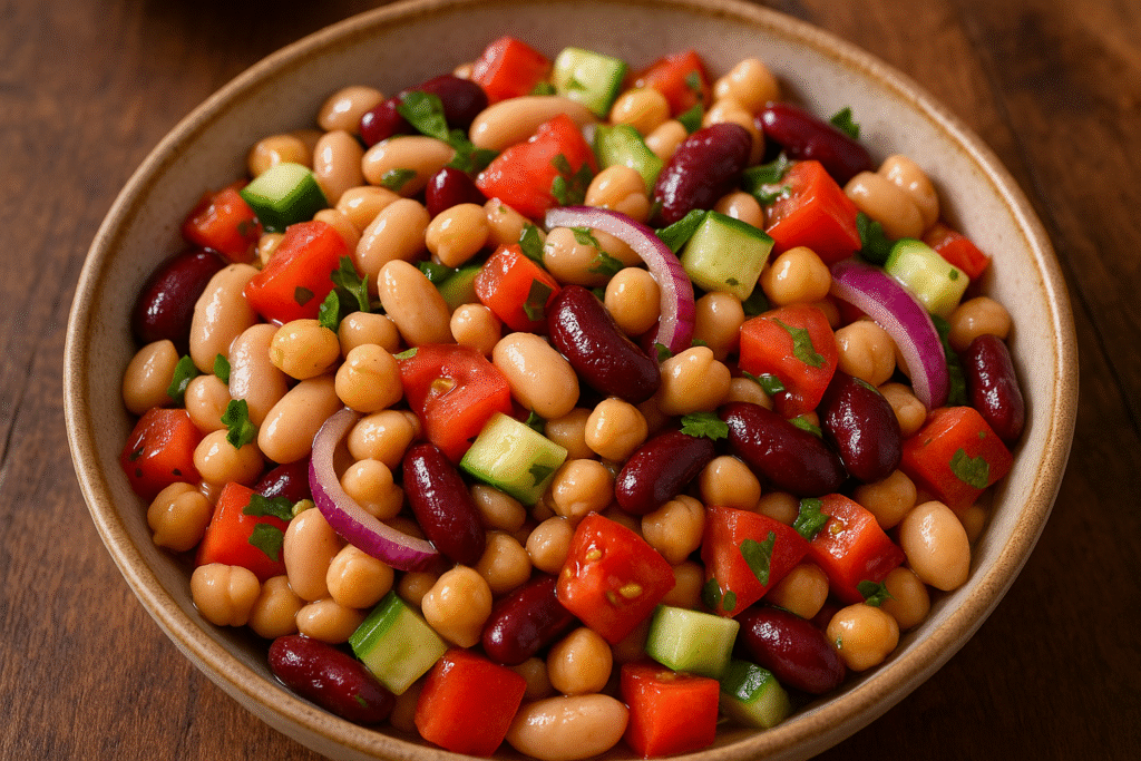 Colorful dense bean salad in white bowl with fresh vegetables