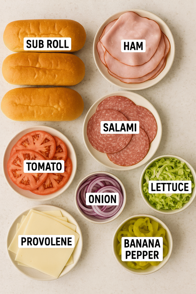 Grinder sandwich ingredients spread on counter