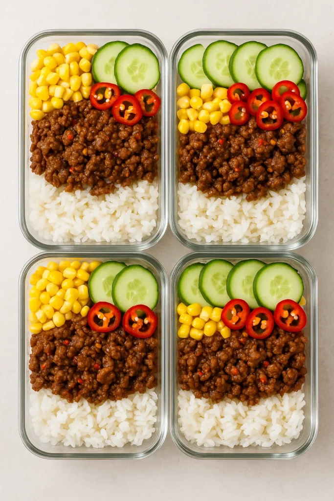 Hot Honey Beef Bowl: The Best Viral Dinner That Packs Bold Flavor 6 Prepped hot honey beef bowls in glass