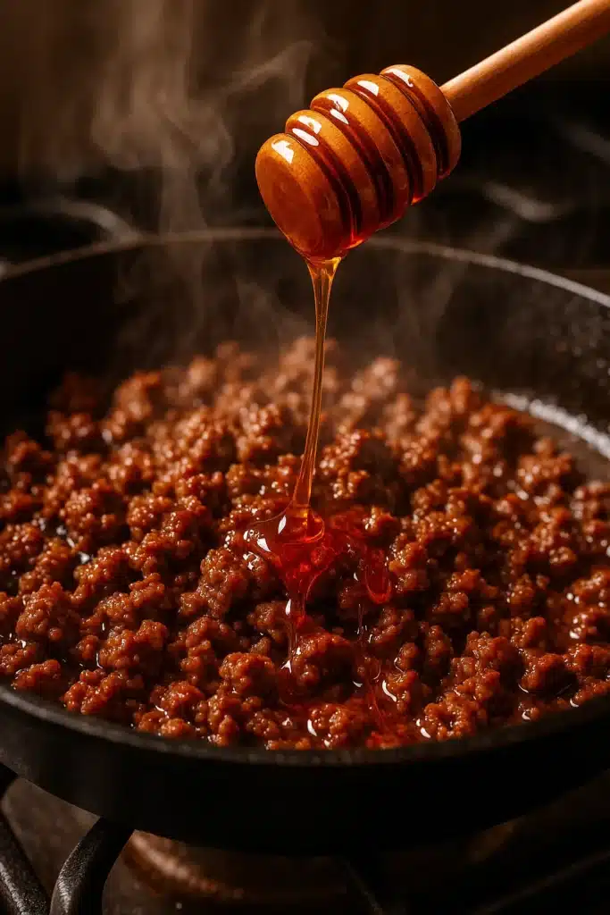 Hot Honey Beef Bowl: The Best Viral Dinner That Packs Bold Flavor 3 Hot honey being added to sizzling beef