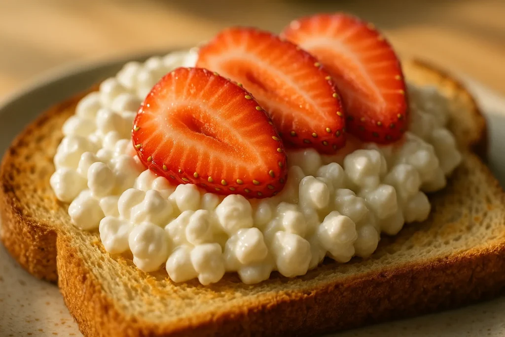 Lactose free cottage cheese on toast with strawberries