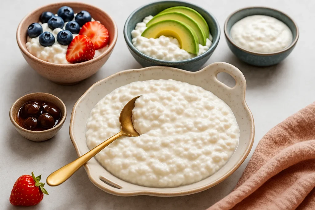 Lactose-free cottage cheese with berries, avocado, and boba toppings.