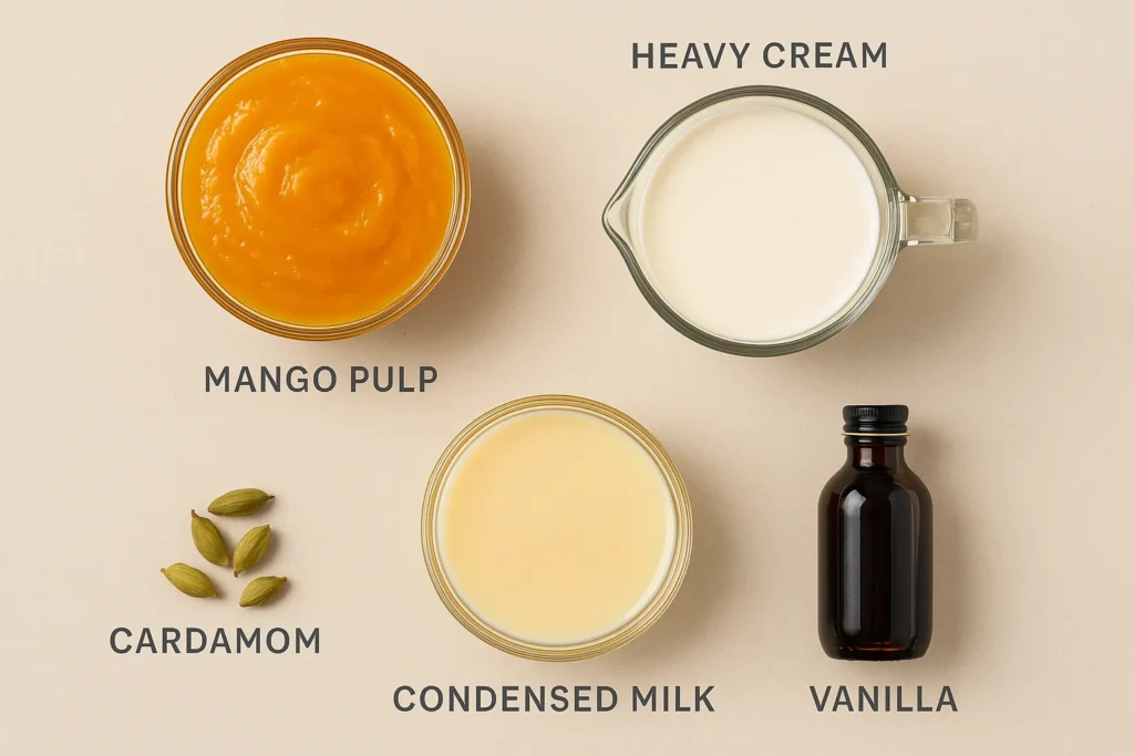 Ingredients for mango propitious ice cream displayed flat on a table