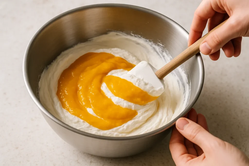 Folding mango puree into whipped cream for mango propitious ice cream