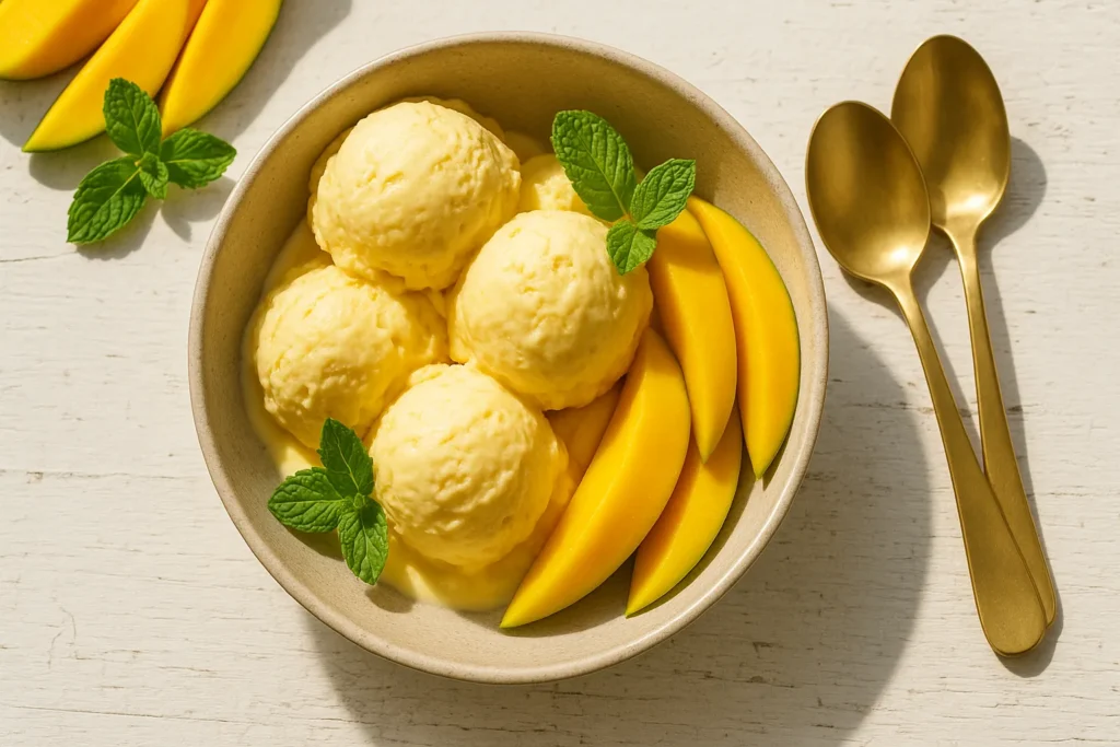 mango propitious ice cream in a bowl with fresh mango and mint