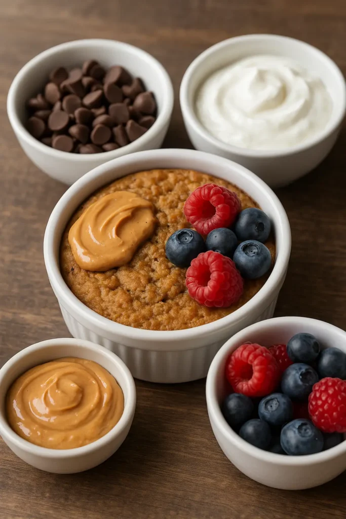 toppings for protein baked oats on a breakfast table