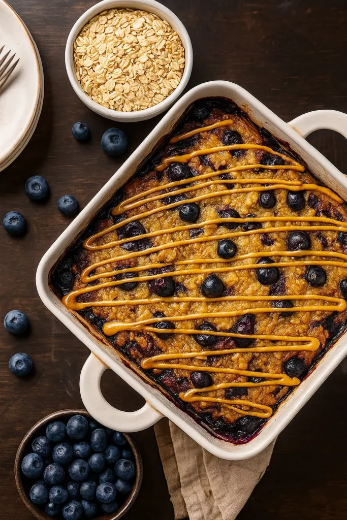 Protein baked oats served warm with berries and almond butter
