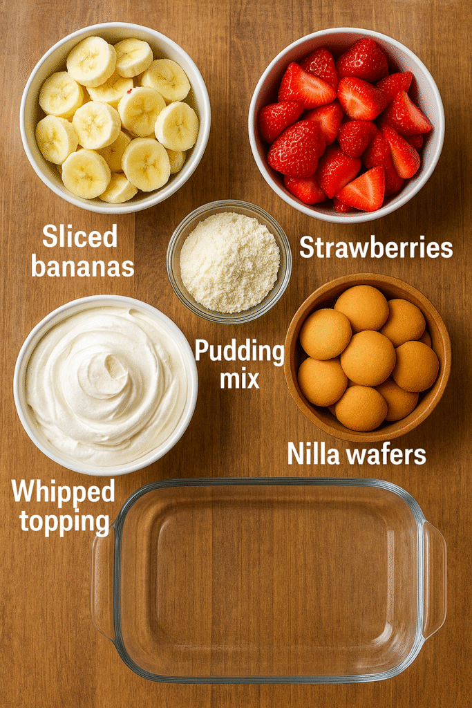 Ingredients for making strawberry banana pudding on a counter