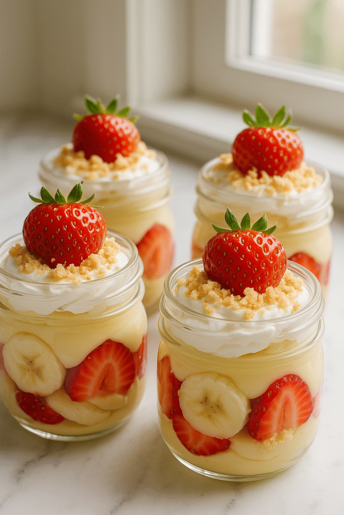 Individual jars of strawberry banana pudding with layered fruit