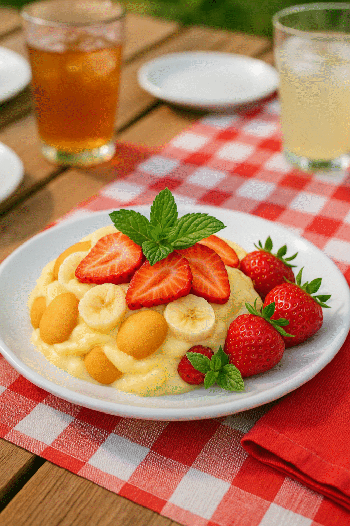 Strawberry banana pudding served at a summer BBQ table
