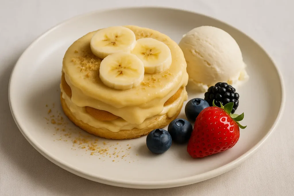 Vegan banana pudding served with ice cream