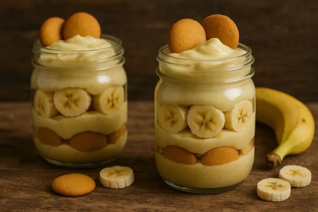 Layered vegan banana pudding in jars