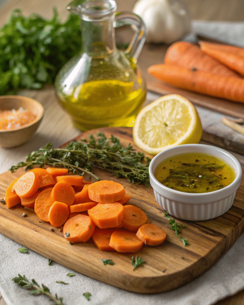 Fresh carrot salad ingredients including lemon and herbs
