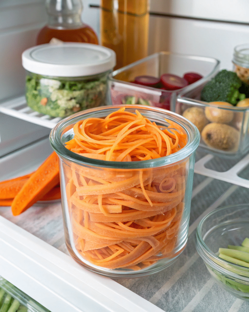 Carrot ribbons stored in cold water to stay fresh