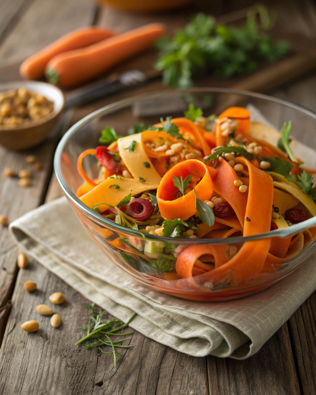 Colorful carrot ribbon salad in a glass bowl