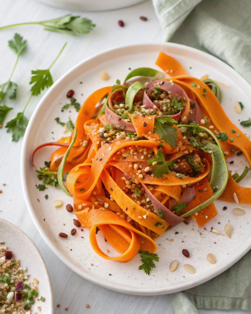 Final carrot ribbon salad served with herbs and seeds