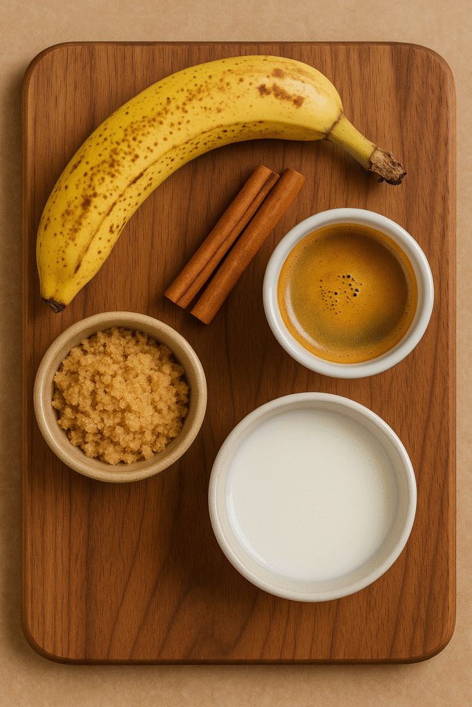 Banana bread latte ingredients laid out