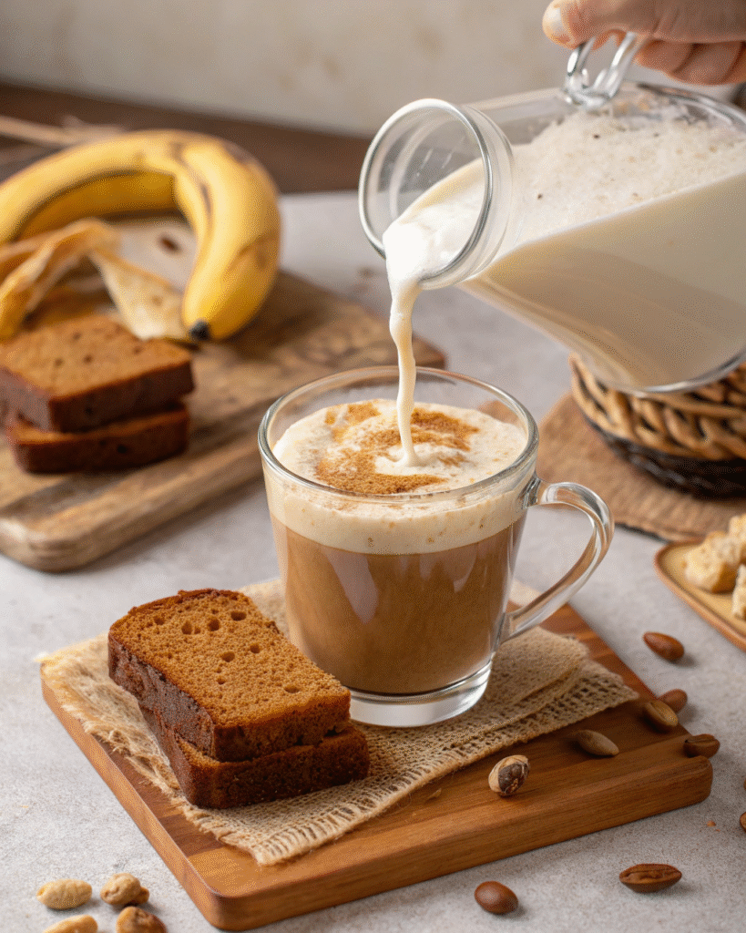 Frothed banana bread latte pouring into mug