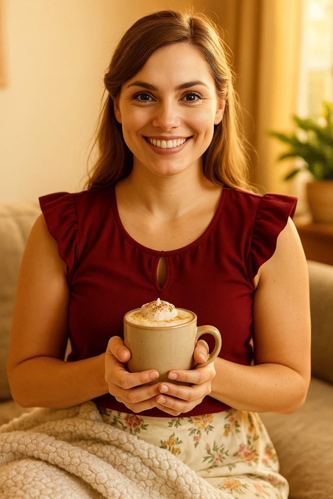 Woman holding banana bread latte on cozy couch