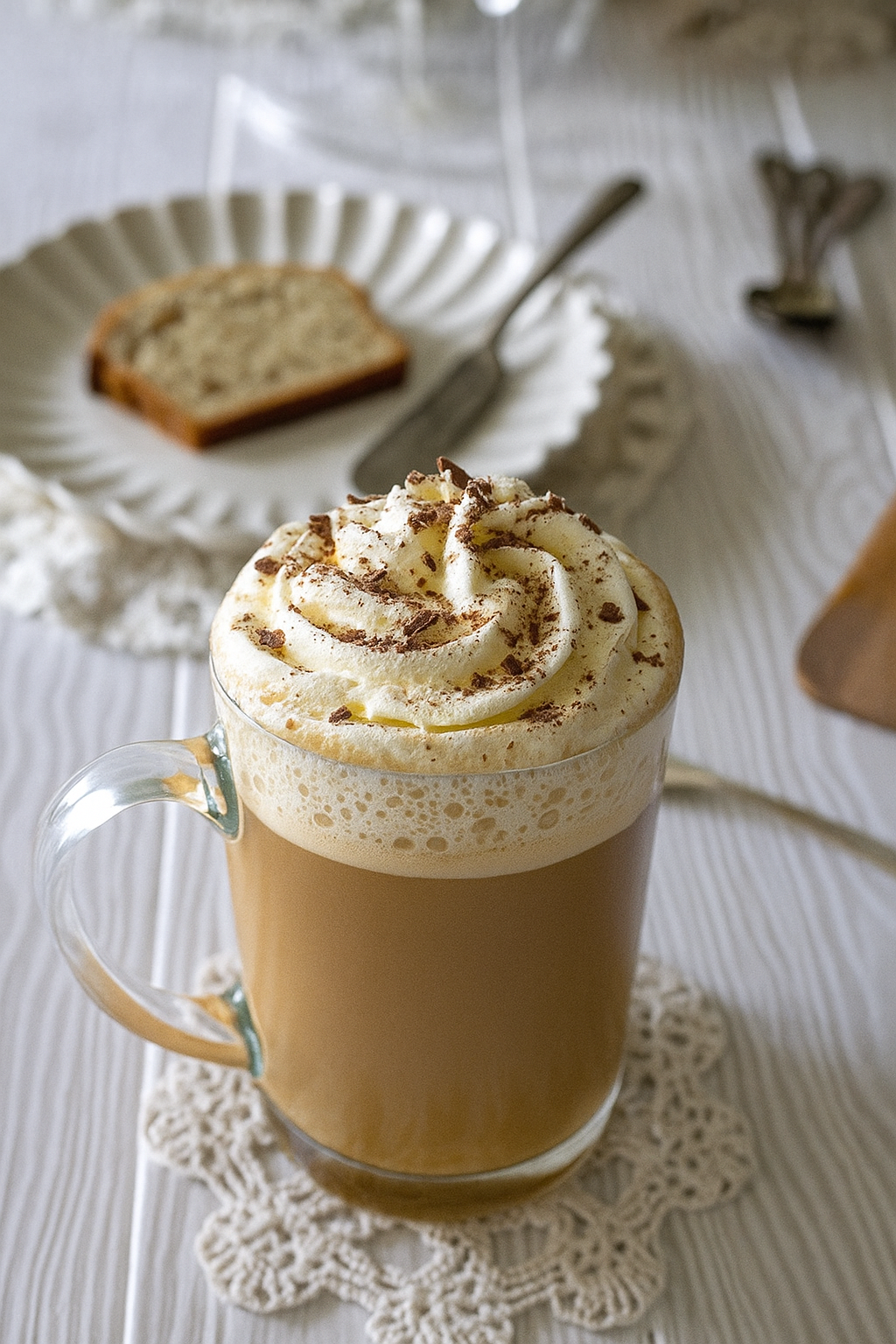 Delicious Banana bread latte in a mug with cinnamon foam