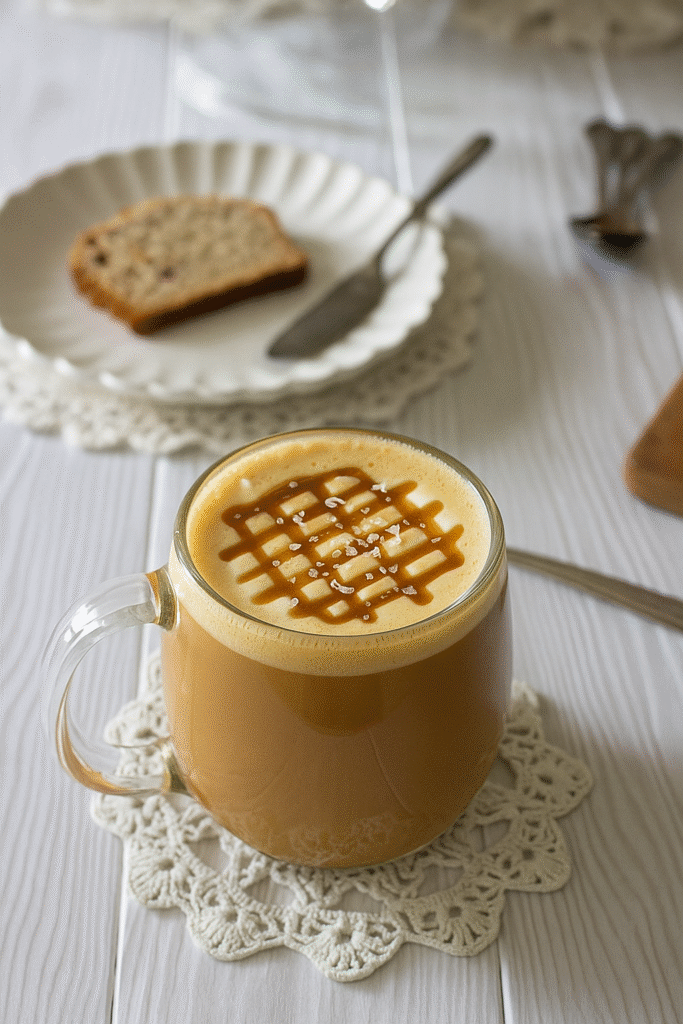 Banana bread latte in a mug with cinnamon foam