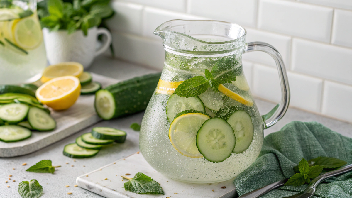 Refreshing cucumber lemon water in glass pitcher on kitchen counter
