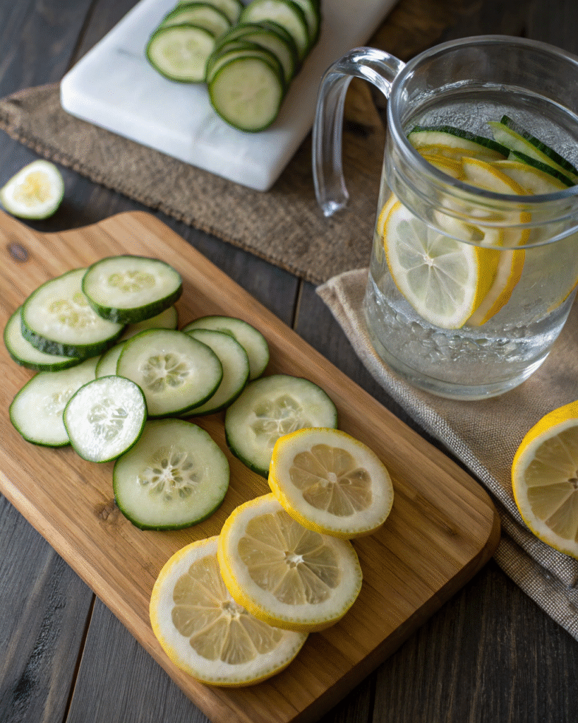Cucumber Lemon Water: Refreshing Detox Power Drink for Every Day 3 Ingredients to make cucumber lemon water on cutting board