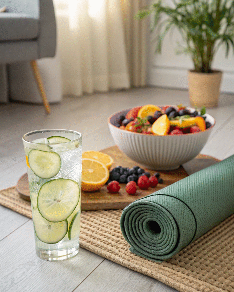 Cucumber Lemon Water: Refreshing Detox Power Drink for Every Day 2 Cucumber lemon water next to yoga mat and fruits