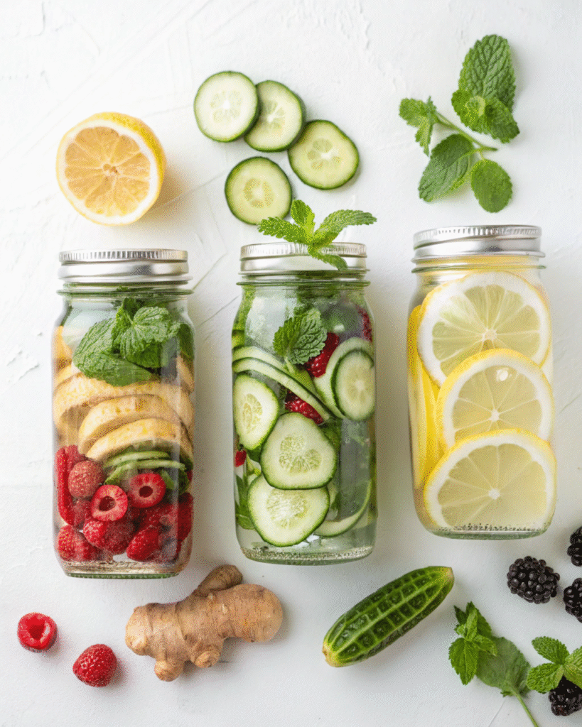 Cucumber Lemon Water: Refreshing Detox Power Drink for Every Day 4 Three jars of cucumber lemon water with different add-ins