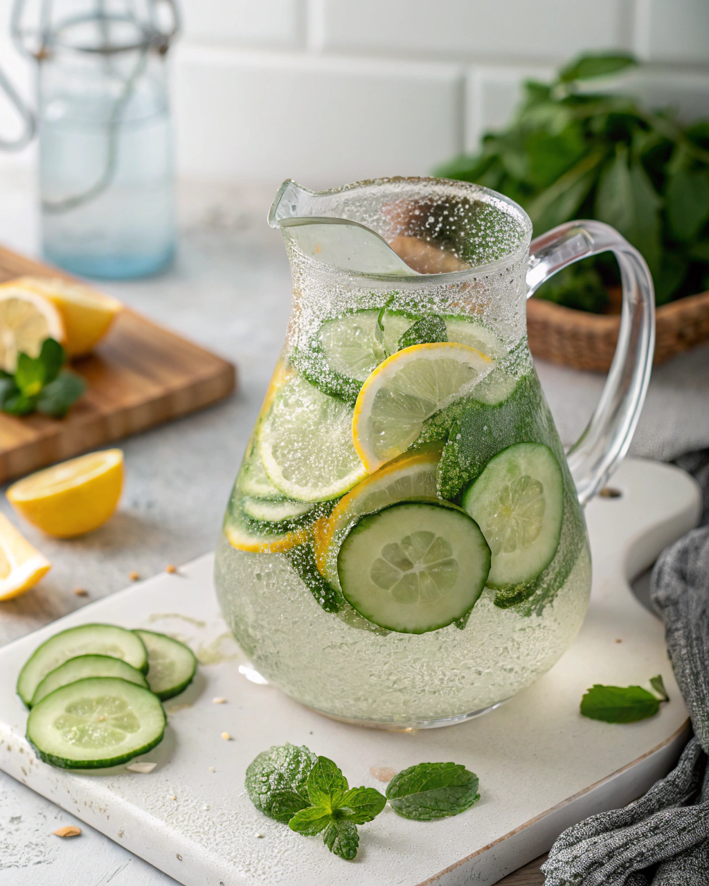 Cucumber Lemon Water: Refreshing Detox Power Drink for Every Day 5 Refreshing cucumber lemon water in glass pitcher on kitchen counter
